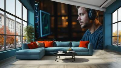 Man in headphones playing on computer Wall mural