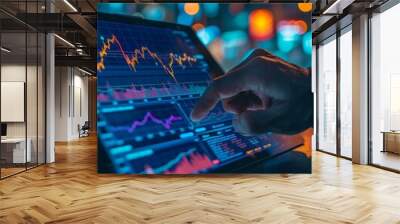 Man using tablet with stock market graph on background. Generative AI. Wall mural