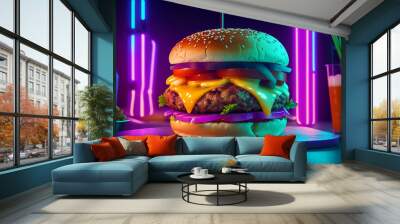 Delicious double beef burger and cheddar cheese on a colorful neon background for the design of a banner, advertising, cover and invitation. Neon hamburger Generative AI Wall mural