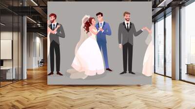 Marriage wedding couple set, cute newlywed bride and groom Wall mural