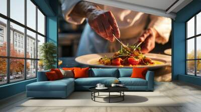 Master chef cook man hands precisely cooking dressing preparing, food styling, close-up Wall mural