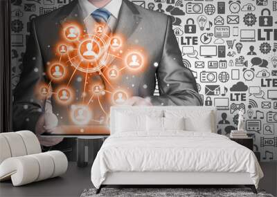 Business man using tablet PC social connection Wall mural