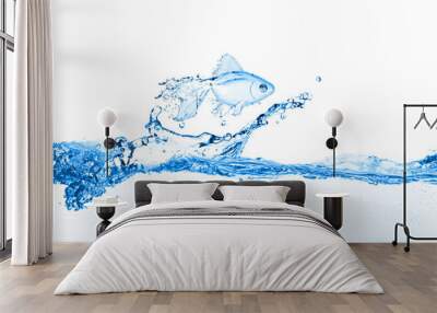 gold fish jumping over slash blue water Wall mural