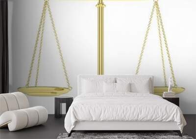 Isolated golden scales on white background. Symbol of judgement. Law, measurement, liberty in one concept. 3D rendering. Wall mural