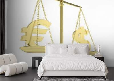 Isolated golden scales with dollar and euro currency. American and european finance. Measuring of market stability. 3D rendering. Wall mural