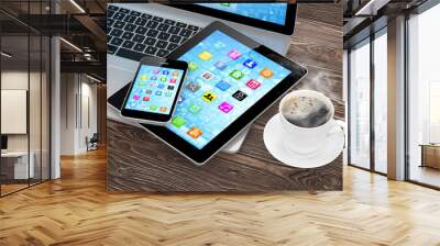 Laptop, phone, tablet pc and coffee. Wall mural