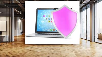 Laptop and shield on white, computer security concept Wall mural