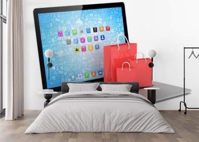 laptop and  shopping pags on white background. 3d rendering. Wall mural