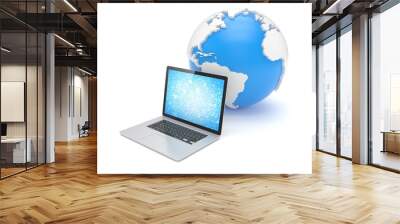 Laptop network and earth globe. 3d render Wall mural