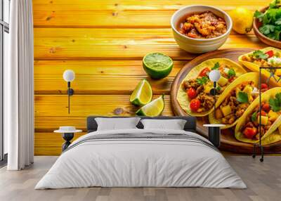 Mexican tacos with meat, vegetables and salsa on yellow wooden background Wall mural