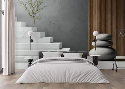 Minimalist interior with white marble steps and a single tree against a textured grey wall. Features a stack of three large, smooth stones, and a portion of a wooden slat wall. Wall mural