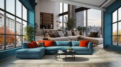 Modern living room with large windows and city views. AI. Wall mural