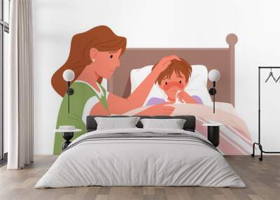 Mother and sick son with cold flu, fever ill vector illustration. Cartoon feverish child lying in bed at home bedroom, mom character checking temperature with thermometer isolated on white Wall mural