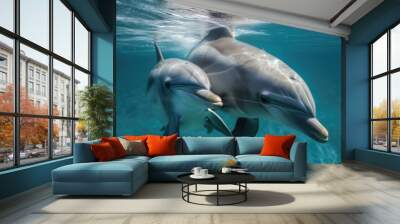 mother dolphin and her calf swimming in the warm waters of their home, created with generative ai Wall mural