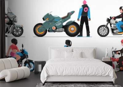 Motorcycle drivers. Transportation by bike. Motor scooter. Man or woman on motorbike. Delivery on moped. People drive transport. Bikers race. Motorcyclists set. Vector cartoon illustration Wall mural