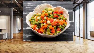 Mix of fresh vegetables in white bowl, top view Wall mural