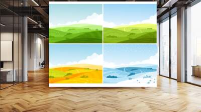 Nature field landscape in four seasons set, cartoon summer spring autumn winter scenes Wall mural