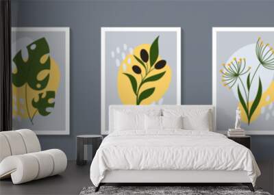 Nature olive plants, flower posters. Green branch and abstract shape, minimal floral leaf, simple minimalist collage. Tropical or botanical decor, palm foliage vector illustration tidy design Wall mural