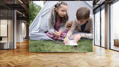 two children playing in garden in summer day Wall mural