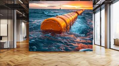 Ocean wave energy converter at sunrise, innovative marine technology harnessing renewable power, serene sea backdrop Wall mural