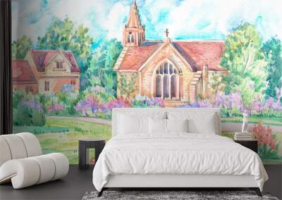 Old medieval English church yard with a pool and flowers painted in watercolor on a summer day. Wall mural