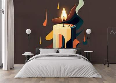 One lighted candle illustration, single lit candle with dark background, melting wax, graphic style Wall mural