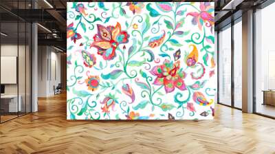 Paisley watercolor floral pattern tile: flowers, flores, tulips, leaves. Oriental indian traditional hand painted water color whimsical seamless print, ceramic design. Abstract india batik background Wall mural