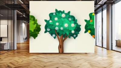 Paper cut trees. Spring season art. Autumn flowers and winter landscape. Summer papercut growth. Seasonal nature. Weather environment. Forest elements set. Vector exact cartoon concept Wall mural