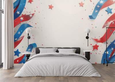 Patriotic themed banner with flowing ribbons and scattered stars in American flag colors, ideal for national holidays. Wall mural