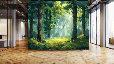 Peaceful forest clipart with tall trees and dappled sunlight Wall mural