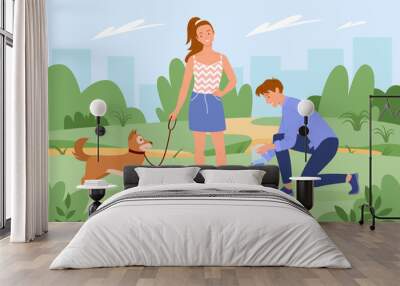 People cleaning up after dog pet vector illustration. Cartoon man character holding plastic bag in hand to clean poop after doggy, pet owner walking with animal in summer city green park background Wall mural