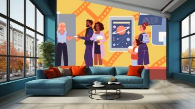 People in cinema theater hall vector illustration. Cartoon male and female characters go on family film to movie theatre, mother and son, friends give tickets to usher, buy tickets for seat at counter Wall mural