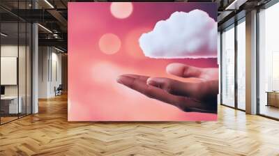 Person experiencing joy while sharing files seamlessly via the cloud, representing connectivity and convenience, Seamless File Sharing Wall mural