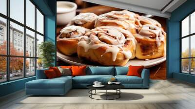 plate of cinnamon rolls, served warm with drizzle of icing, created with generative ai Wall mural