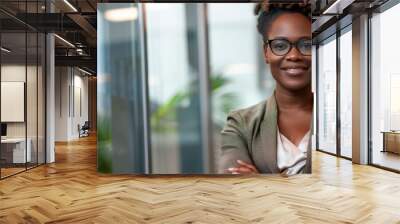 Portrait of a confident businesswoman smiling and crossing her arms in a modern office. AI. Wall mural