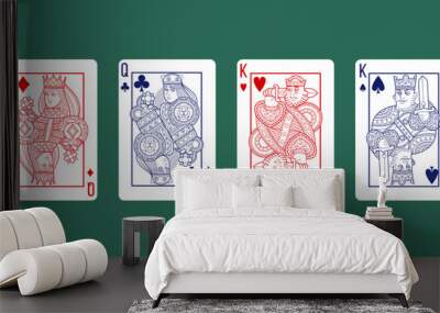 Queen and king cards. Casino games. Red heart and black spade flat pattern. Characters with diamonds. Graphic faces. Gambling leisure. Fortune royal pack. Vector design poker lucky set Wall mural