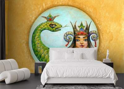 Queen of Snakes. Shahmaran. Watercolor illustration on Vintage paper. Wall mural