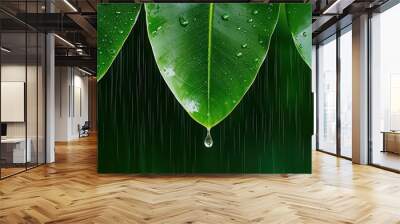 Rain cascading off large green leaves, with droplets suspended mid-air, capturing the beauty of nature's cycle, rain and leaves, nature s rain cycle Wall mural