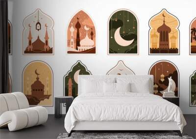 Ramadan Eid Mubarak. Modern Islamic pattern. Ramzan post art with Boho arch. Card with Arabian mosque towers and moon. Religious holiday. Night landscape. Vector design illustration set Wall mural