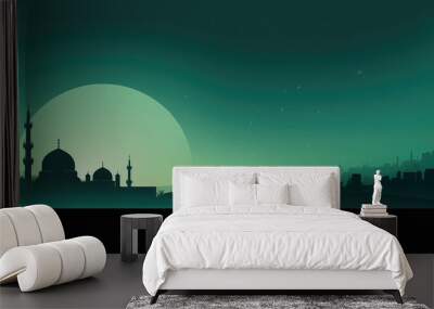 Ramadan Kareem Greetings poster green background with mosque shillouette Wall mural