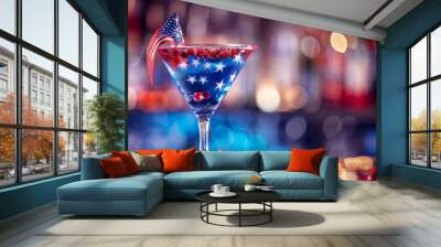 Red, white and blue cocktail on a blurred background. Idea for decorating a holiday food table. Independence Day or Memorial Day celebration concept. American patriotic theme. 4th Of July.. Wall mural