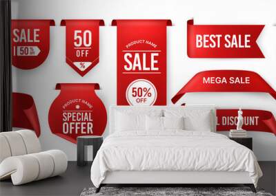 Red ribbon label. Price discount promotion banner, special offer sticker. Vector isolated set Wall mural