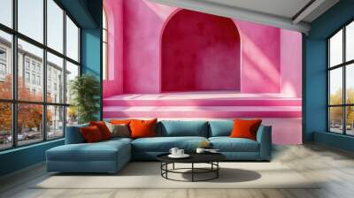 render abstract minimal modern pink backgroun arch room empty cylinder fashion podium vacant pedestal roun stage showcase stan blank product display platform copy space premium design Wall mural