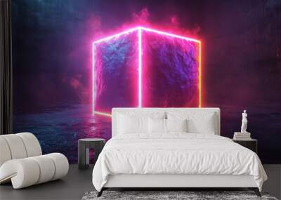 render abstract neon cube over black backgroun square shape pink blue glowing lines ultraviolet light Wall mural