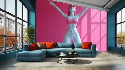 render feminist protest concept female han victory sign gesture mannequin body parts isolate on pink backgroun inside square box shop display modern minimal fashion concept Wall mural