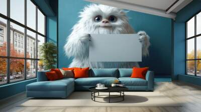 render white hairy yeti holds blank car mockup furry bigfoot toy with empty banner funny winter monster cartoon character isolate on mint blue backgroun standing pose Wall mural