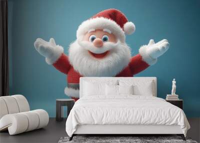 rendering funny santa claus cartoon character flexible hands in re sleeves with white fur christmas clip art isolate on blue background Wall mural