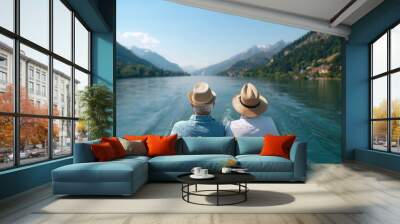 Retired couple enjoying a scenic European river cruise, symbolizing the dream of long-term travel made possible by pension funds, retirement cruising, pension-supported journey Wall mural