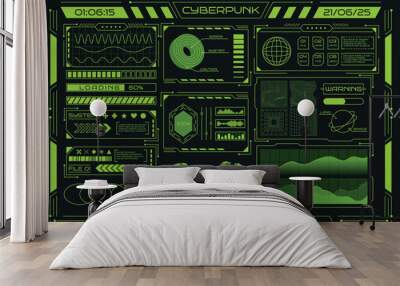 Retro cyberpunk. Abstract poster. Neon grid graphic design. 3D HUD chart icon. Modern techno rave background. Green line frame. World sphere. Data infographic. Digital typography. Vector garish set Wall mural