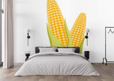 Ripe yellow corn, maize organic harvest from farm field vector illustration. Cartoon two golden corncobs with green leaf, healthy natural food isolated on white. Agriculture, nutrition concept Wall mural